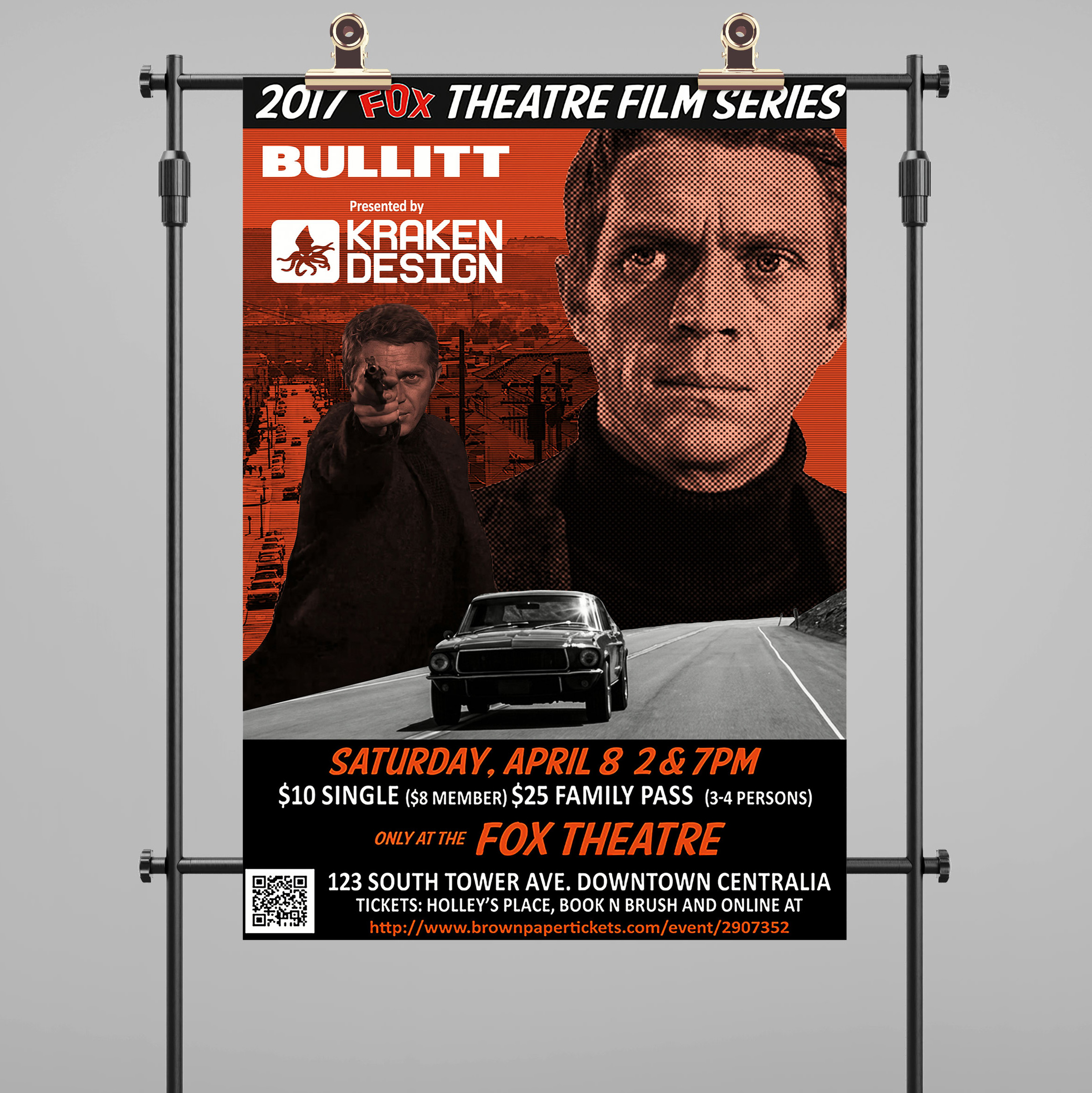 Bullitt (1968) film screening poster design for Fox Theatre fundraiser